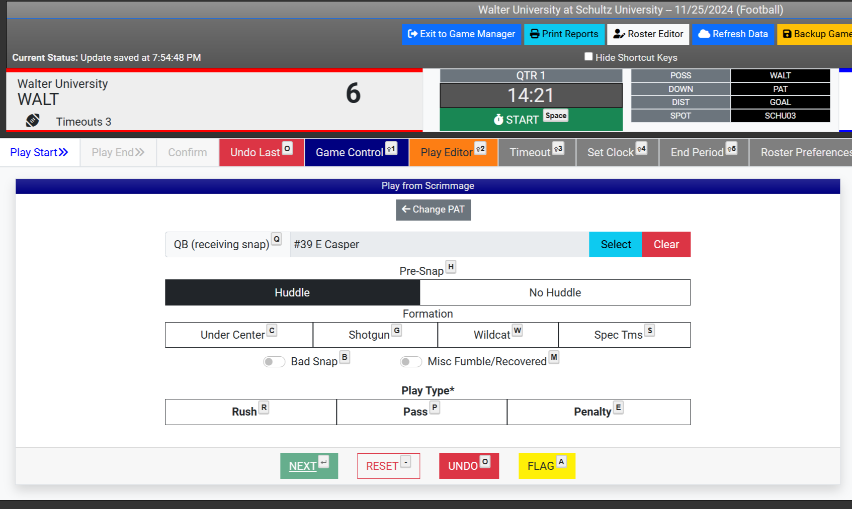 Football play entry screen for pre-snap formation and play type