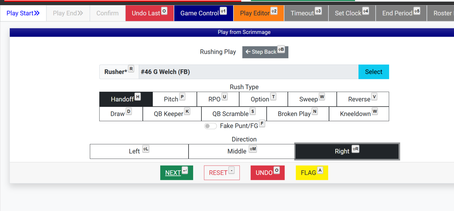 Football rushing play entry screen with rush type options