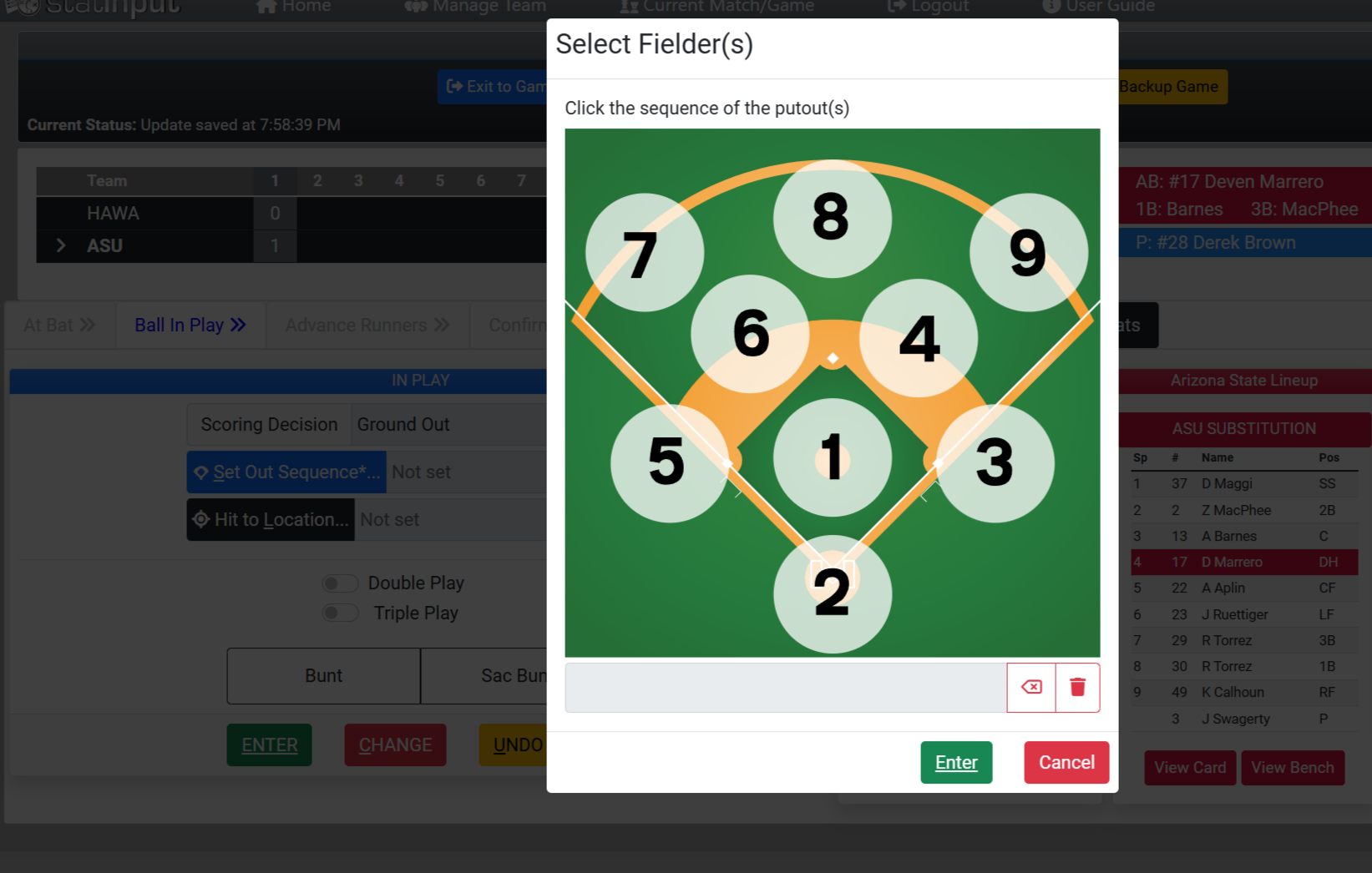 Baseball fielder selection diamond for recording putouts