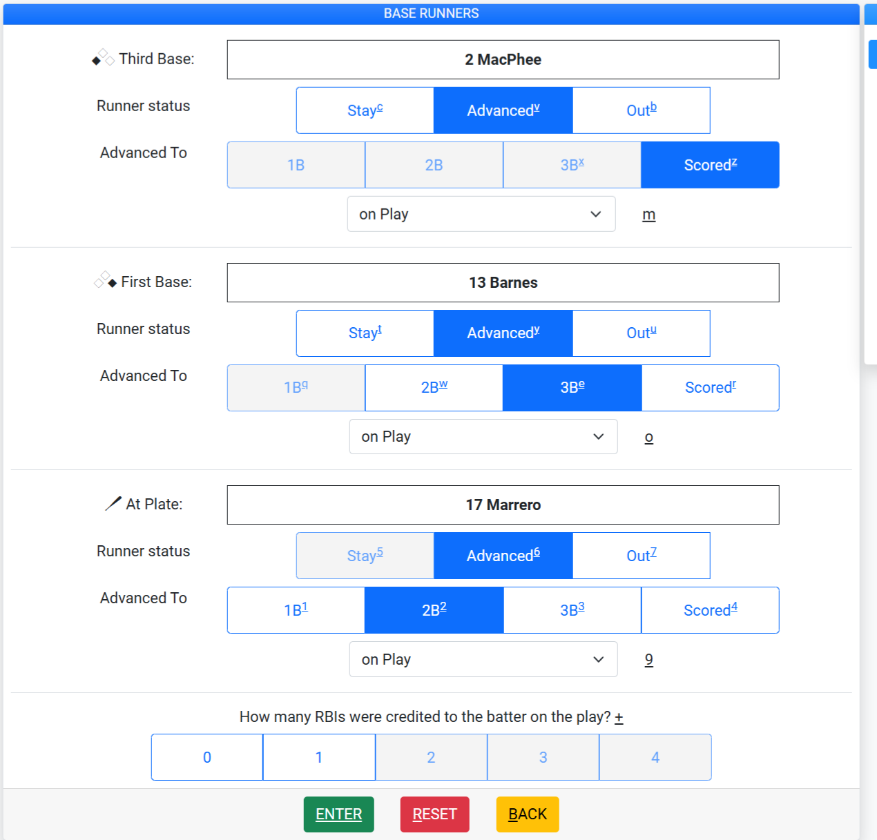 Baseball base runner advancement entry screen