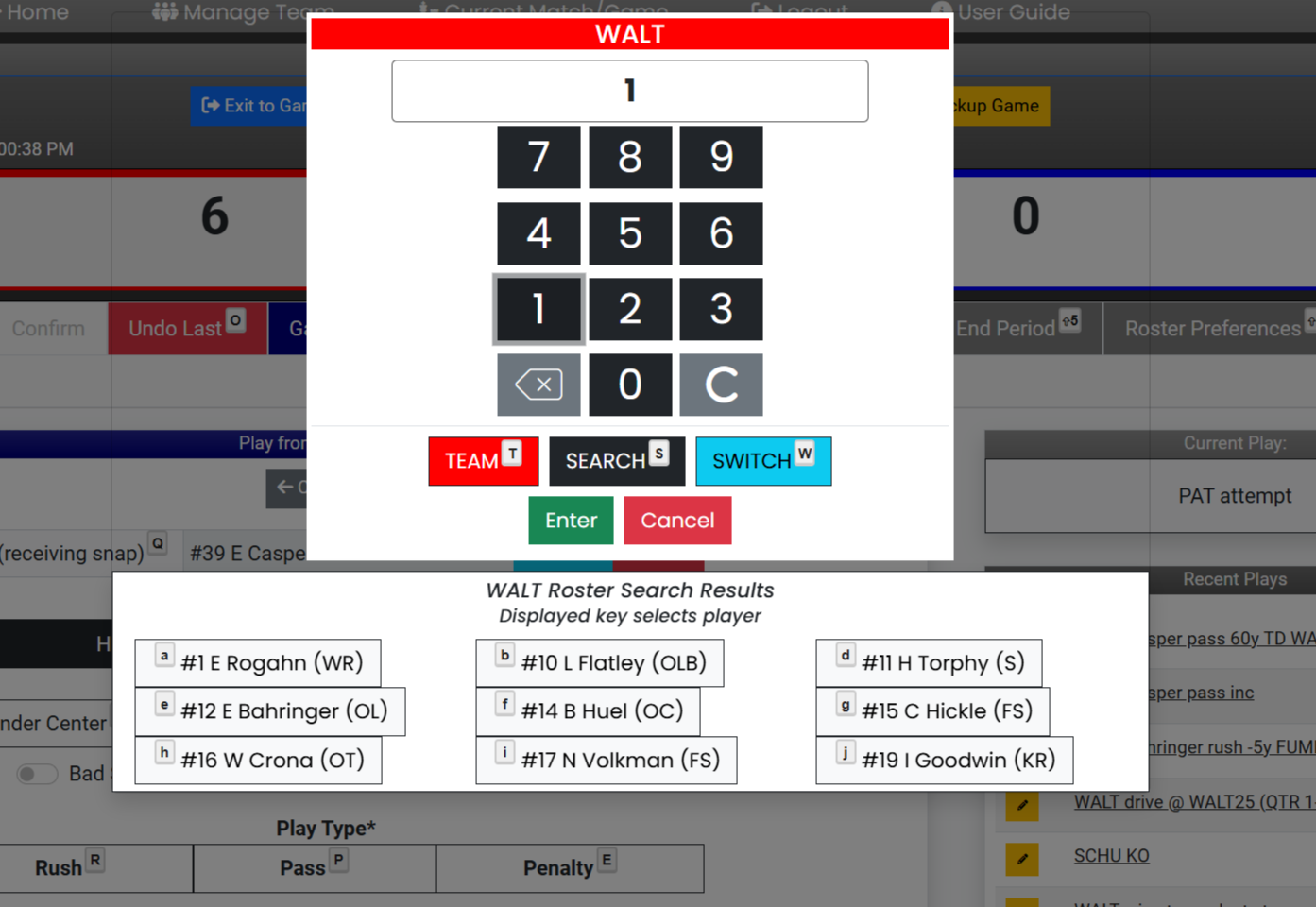 Football player number entry keypad